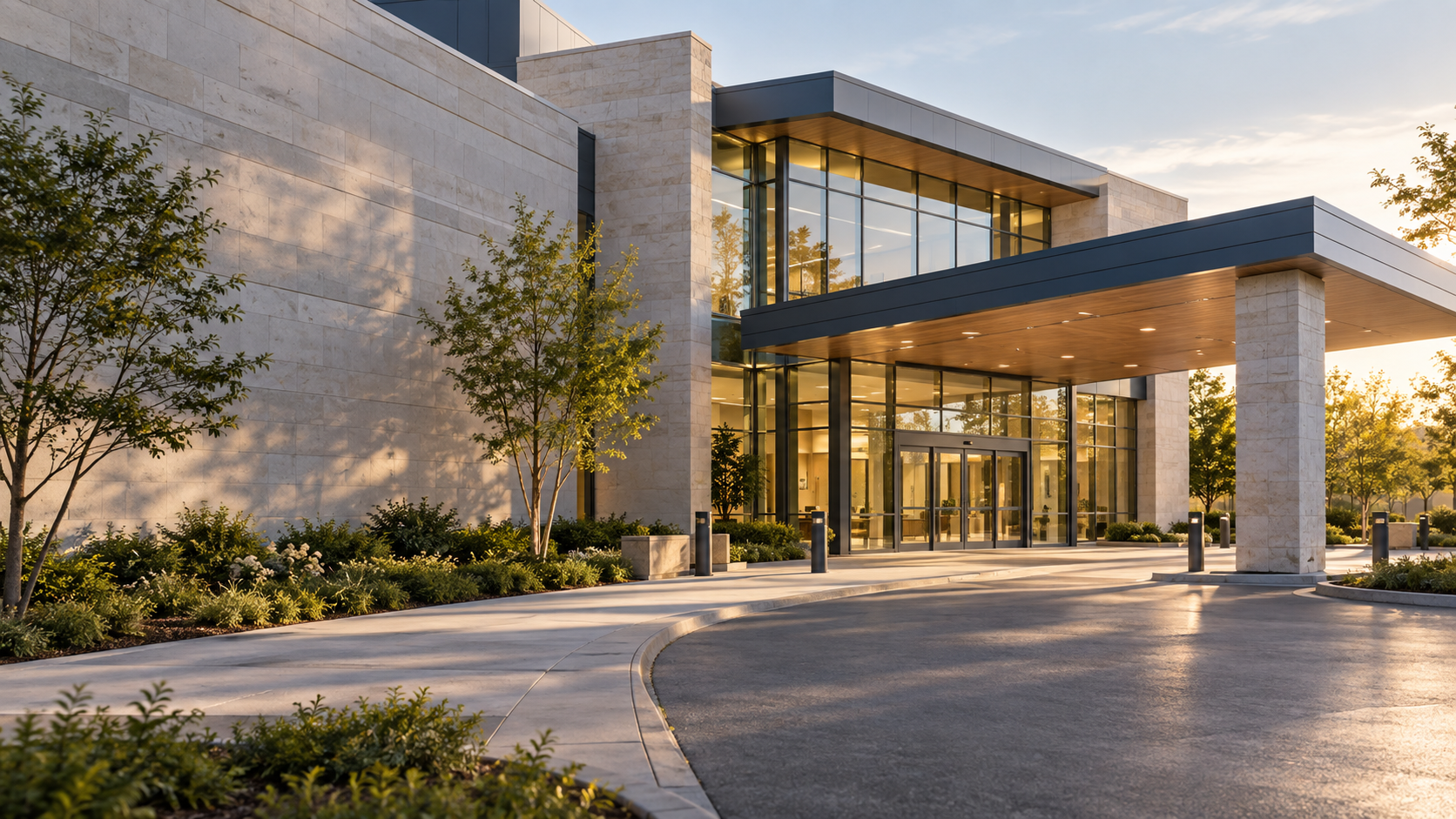 Illustrative contemporary emergency care pavilion with an accessible covered entrance